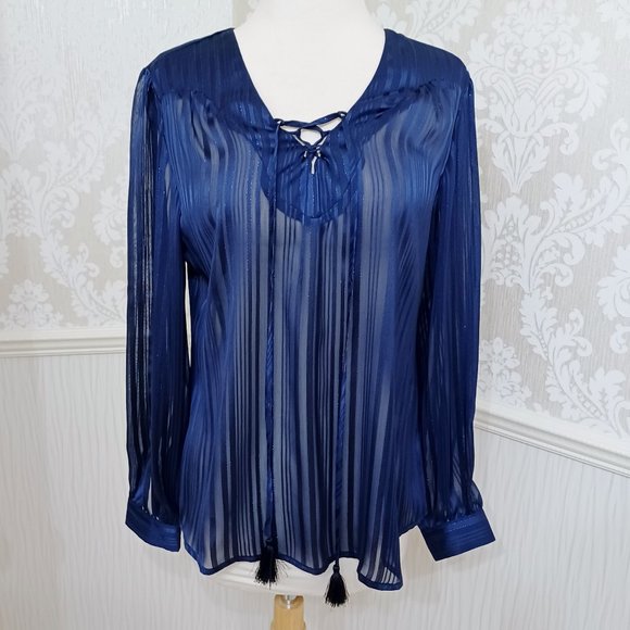 Faded Glory Navy Blue Sheer Long Sleeve Blouse Top Boho Chic Tassel Tie Small - Picture 1 of 4